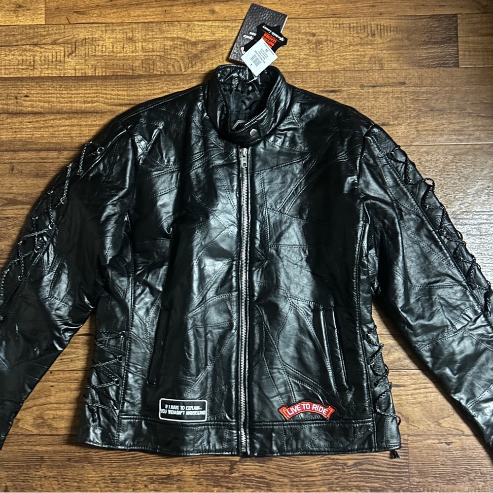 Diamond Plate Men’s Size 3 X-Large Motorcycle  Black Leather Patches Jacket ~New - Picture 4 of 16